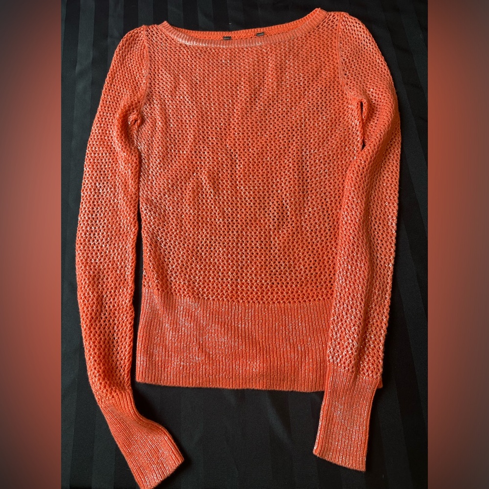 Long sleeved mesh like see through crew neck neon orange metallic silver thread
